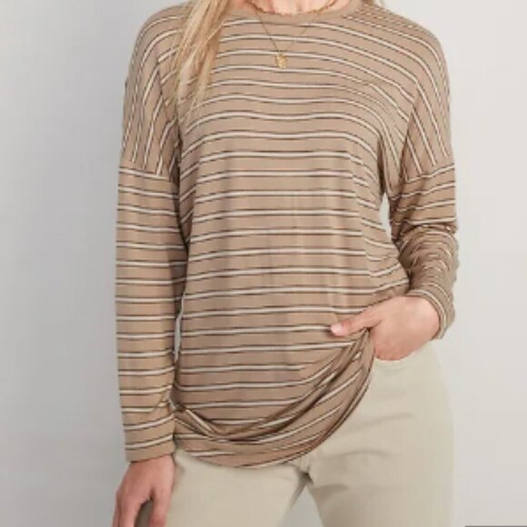 Old Navy | Tan Striped Long Sleeve Shirt | Striped Tunic T-shirt - Picture 6 of 6